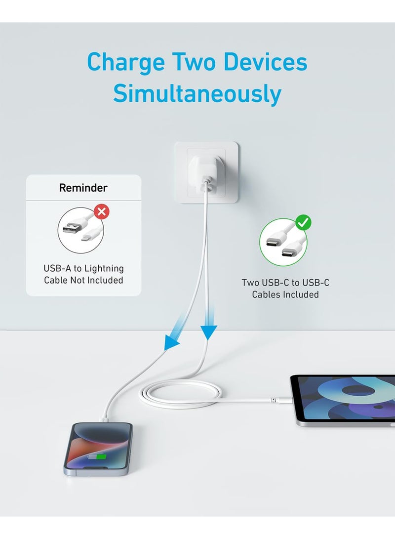 Anker - USB C Charger, iPhone Charger, 20W Dual Port USB Fast Charger, Type C Charger for iPhone 16/16 Pro/16 Pro Max/15/14/13/12, iPad Pro/AirPods, Samsung S25/S24/S23 and More (USB-C Cable Included) White White - Image 1