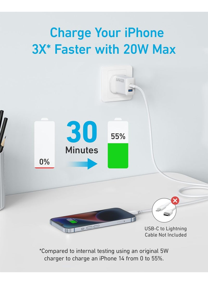 Anker - USB C Charger, iPhone Charger, 20W Dual Port USB Fast Charger, Type C Charger for iPhone 16/16 Pro/16 Pro Max/15/14/13/12, iPad Pro/AirPods, Samsung S25/S24/S23 and More (USB-C Cable Included) White White - Image 1