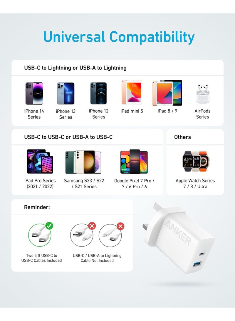 Anker - USB C Charger, iPhone Charger, 20W Dual Port USB Fast Charger, Type C Charger for iPhone 16/16 Pro/16 Pro Max/15/14/13/12, iPad Pro/AirPods, Samsung S25/S24/S23 and More (USB-C Cable Included) White White - Image 1
