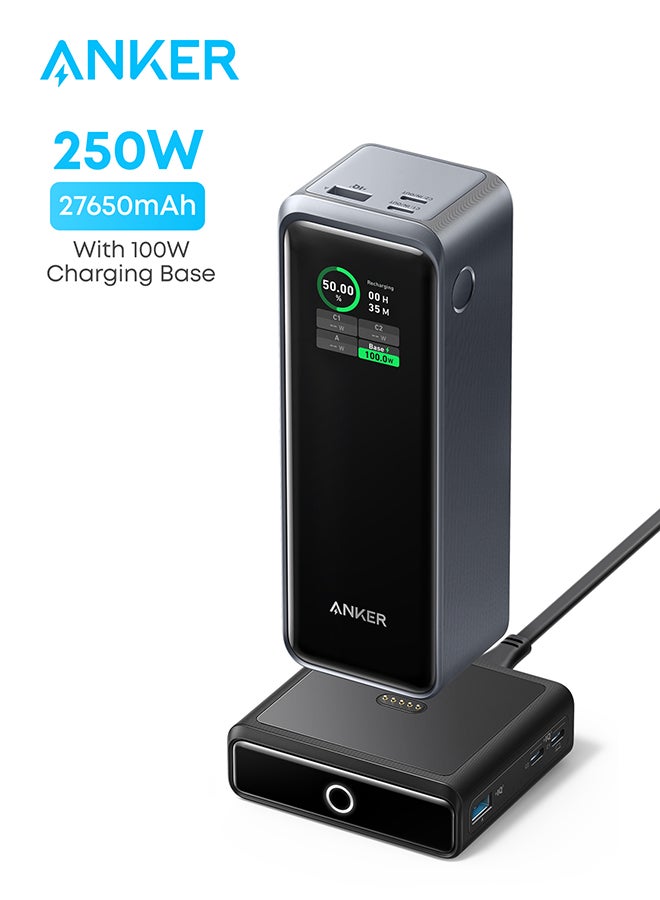 Anker 27650 mAh Prime 27,650mAh Power Bank (250W) with 100W Charging Base, 3-Port Portable Charger, Smart App, Compatible with Macbook Pro/Air, iPhone 16/15/14 Series, Huawei, Samsung, Dell, AirPods, Xiaomi Black  - Image 1