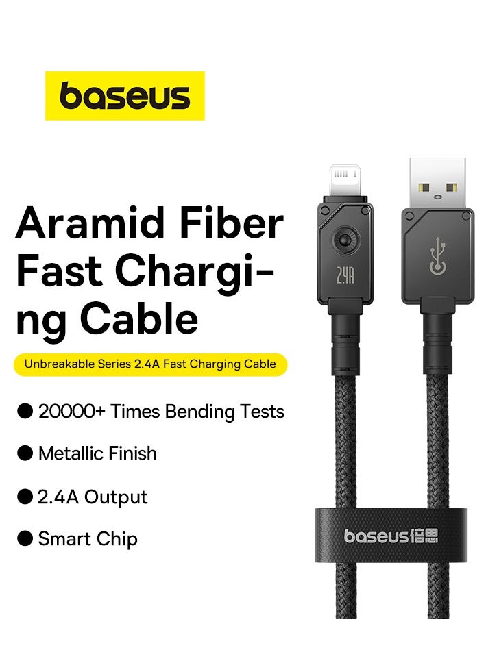 Baseus - USB-A to Lightning Cable, Aramid Fiber Unbreakable Series (1m) 2.4A iPhone Fast Charger Cable Nylon Braided USB To iPhone Cord For iPhone 14/13/13Pro/13ProMax/12/12Pro/12ProMax/11/11Pro/XS Black - Image 1