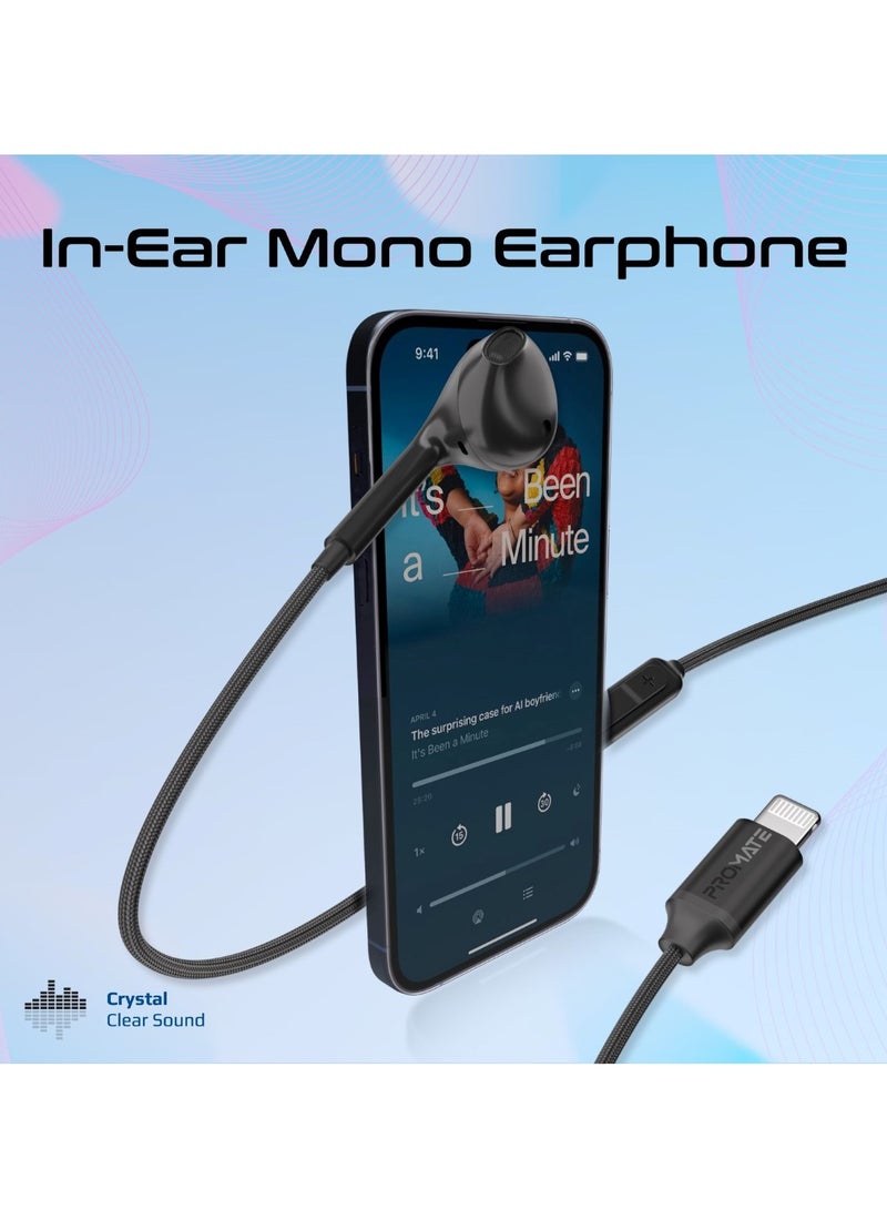 Mono Earbuds With Lightning Connector, Ergonomic Mfi Certified HD Mono Earphone With Mic, Noise Isolation, Call Function, And In-Line Volume Control For iPhone 16, iPad Air, iPod, Monopod-LT - Black