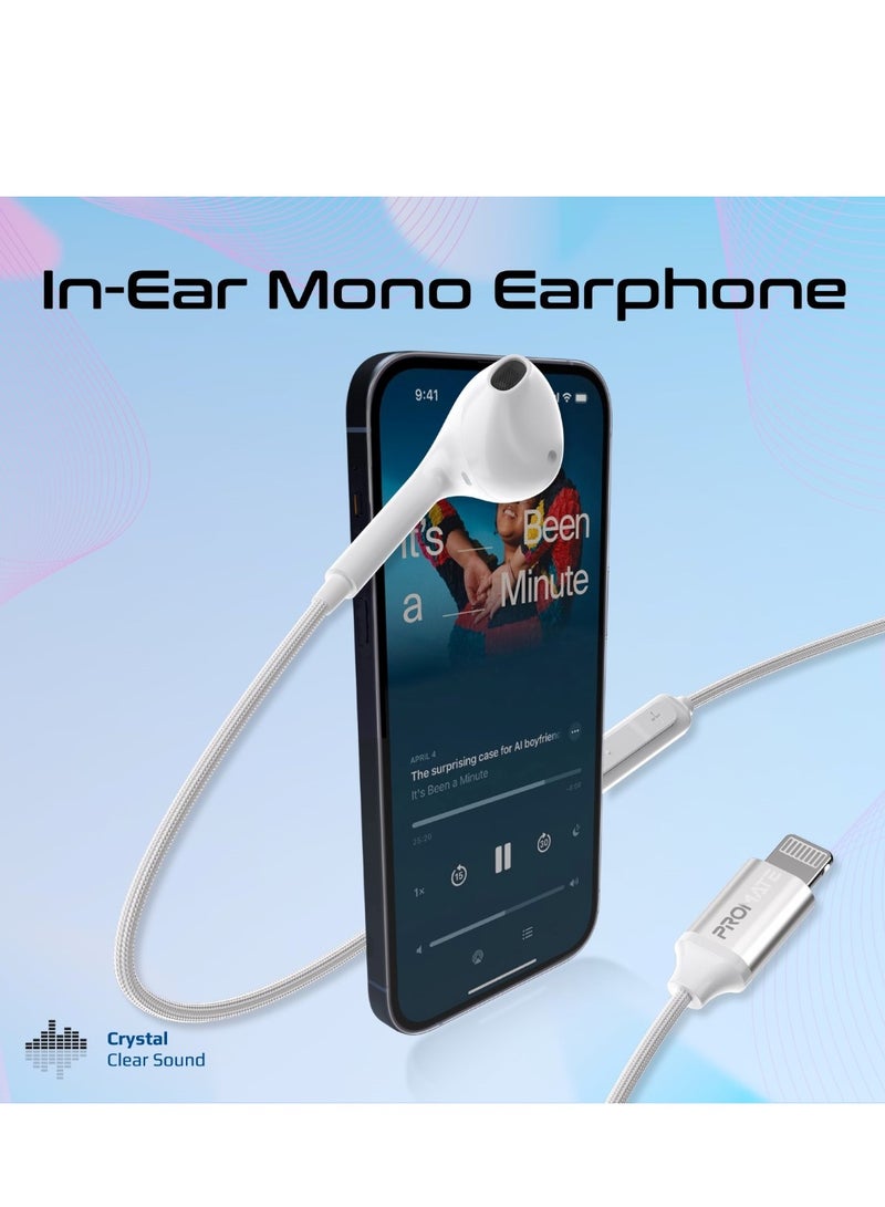 Mono Earbuds With Lightning Connector, Ergonomic Mfi Certified HD Mono Earphone With Mic, Noise Isolation, Call Function, And In-Line Volume Control For iPhone 16, iPad Air, iPod, Monopod-LT - White