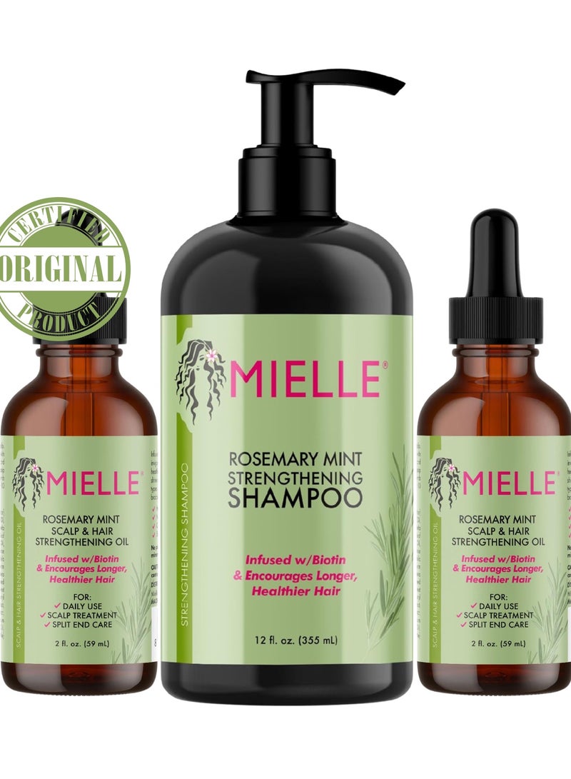 MIELLE Organics Rosemary Mint Strengthening Set 2 Oils + Shampoo Infused With Biotin Cleanses And Helps Strengthen Weak And Brittle Hair 473ml  - Image 1