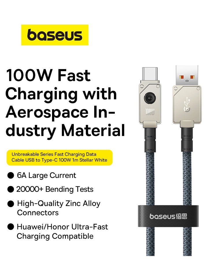 Baseus - USB To USB C Cable 100W Fast Charging Cable, (1m) Heavy-Duty Unbreakable Aramid Fiber Braided Cable, Supports Data Transfer For Huawei/iPhone 15 Series/MacBook M3 M2 M1/iPad/Samsung And More White / Grey - Image 1