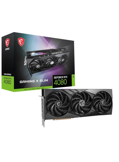 بطاقة رسومات GeForce RTX 4080 SUPER 16G GAMING X SLIM، ذاكرة GDDR6X 16 جيجابايت 256 بت، ساعة تعزيز 2610 ميجاهرتز، سرعة ذاكرة 23 جيجابت في الثانية، 10240 وحدة CUDA Core، PCI Express Gen 4، DP x 2/HDMI x 2، 912-V511- 231 أسود