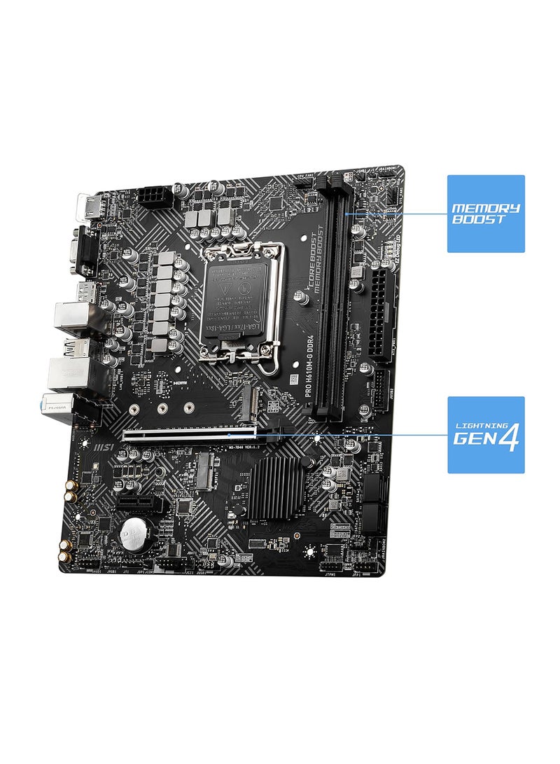 PRO H610M-G WIFI DDR4 LGA 1700 mATX Motherboard, Intel H610 Chipset, 2x DDR4 Slots / 64GB Max Mmeory, Wi-Fi 5, Bluetooth 4.2, 1x PCIe x16, HDMI / DP / VGA / USB 3.2 /2.0 | 911-7D46-031 Black