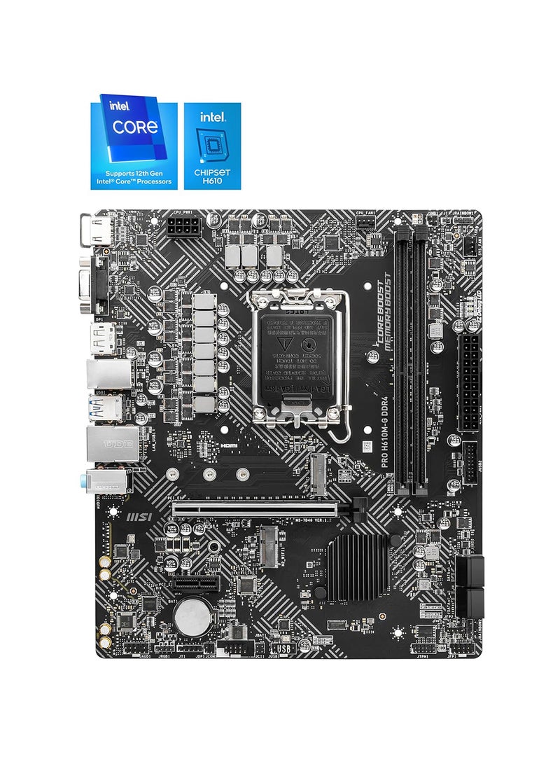 PRO H610M-G WIFI DDR4 LGA 1700 mATX Motherboard, Intel H610 Chipset, 2x DDR4 Slots / 64GB Max Mmeory, Wi-Fi 5, Bluetooth 4.2, 1x PCIe x16, HDMI / DP / VGA / USB 3.2 /2.0 | 911-7D46-031 Black