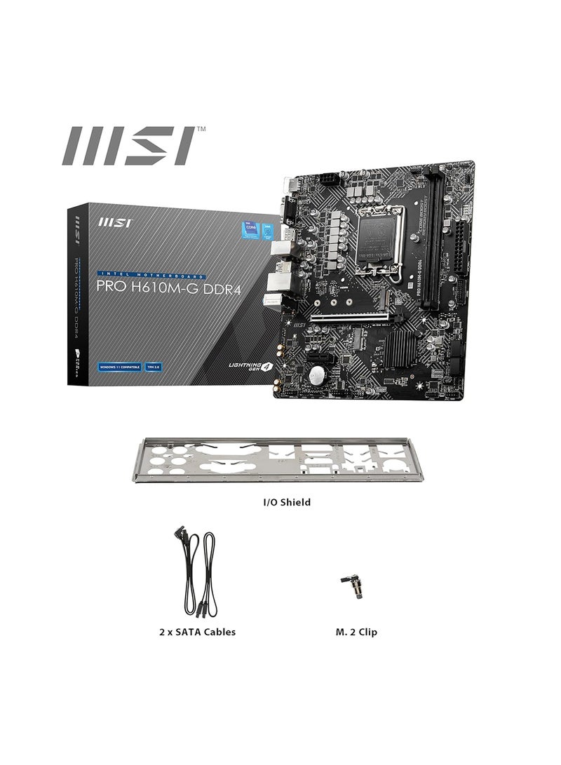 PRO H610M-G WIFI DDR4 LGA 1700 mATX Motherboard, Intel H610 Chipset, 2x DDR4 Slots / 64GB Max Mmeory, Wi-Fi 5, Bluetooth 4.2, 1x PCIe x16, HDMI / DP / VGA / USB 3.2 /2.0 | 911-7D46-031 Black