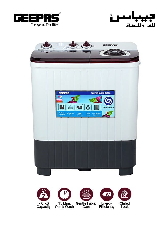 GEEPAS Twin Tub Semi-Automatic Washing Machine Equipped with Strong Pulsator, Air Dry Spinning Function 7 kg 530 W GSWM18046 White/Black/Red  - Image 1