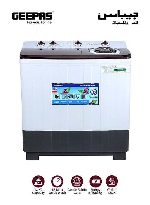 Twin Tub Semi-Automatic Washing Machine Equipped with Strong Pulsator, Air Dry Spinning Function 13 kg GSWM18049 White/Red/Black