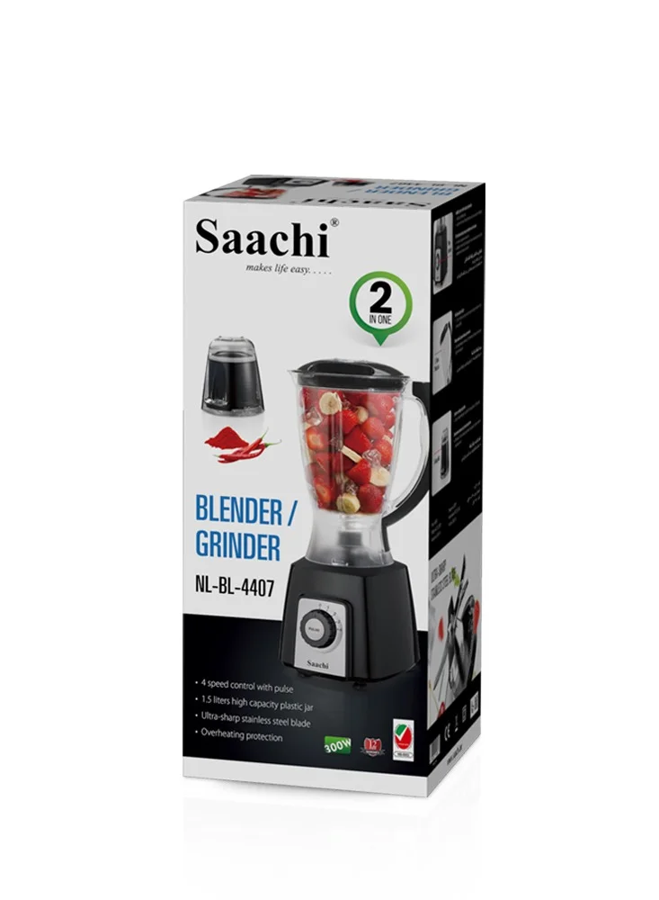 Saachi 2-in-1 Blender/Grinder - Variable Speed Control, High-Capacity Jar, Auto Clean Function 1.5 L 300 W NL-BL-4407 Black