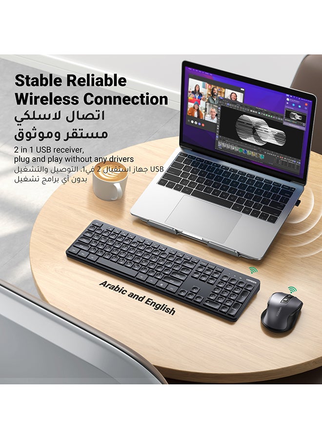 يو جرين - مجموعة لوحة مفاتيح وماوس لاسلكية صامتة باللغتين العربية والإنجليزية لنظام التشغيل Windows وMacOS وجهاز استقبال USB لاسلكي 2.4GHz ولوحة مفاتيح كاملة الحجم وماوس مريح، متوافق مع الكمبيوتر ولابتوب - Image 1