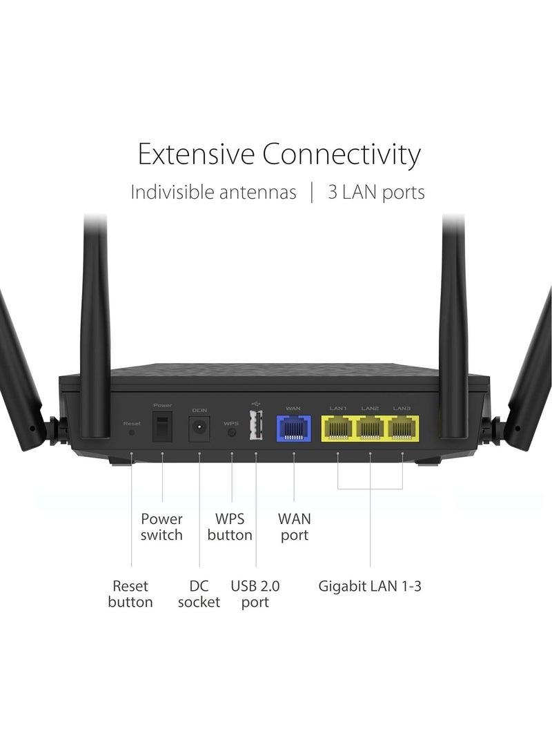 ASUS - RT-AX52 (AX1800) Dual Band WiFi 6 Extendable Router, Instant Guard, Parental Control Scheduling, Built-in VPN, AiMesh Compatible Black - Image 1