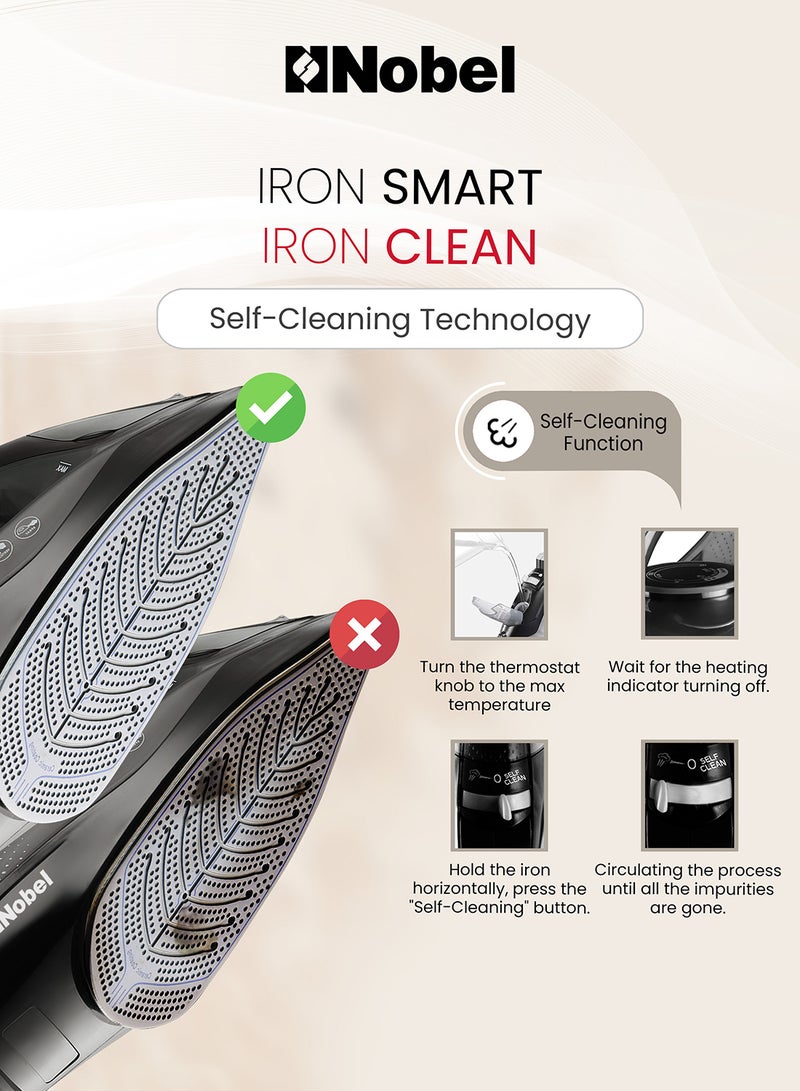 Nobel - Steam Iron, Dry Ironing, Spray & Steam Function, Powerful Burst & Vertical Steam, Adjustable Control, 360° Swivel Cord Guard, Overheat Safety, Indicator Light 300 ml 2400 W NSI30 Black - Image 1