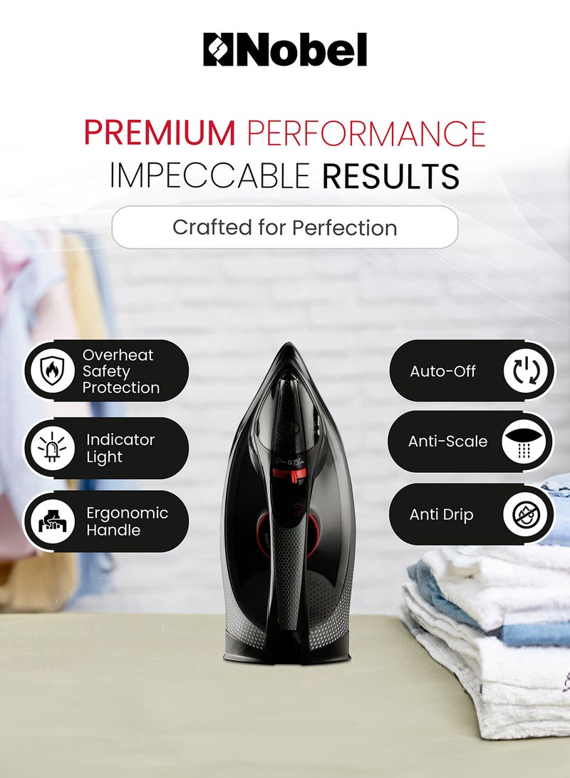 Nobel - Steam Iron, Dry Ironing, Spray & Steam Function, Powerful Burst & Vertical Steam, Adjustable Control, 360° Swivel Cord Guard, Overheat Safety, Indicator Light 300 ml 2400 W NSI30 Black - Image 1