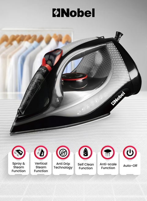 Steam Iron, Dry Ironing, Spray & Steam Function, Powerful Burst & Vertical Steam, Adjustable Control, 360° Swivel Cord Guard, Overheat Safety, Indicator Light 300 ml 2400 W NSI30 Black