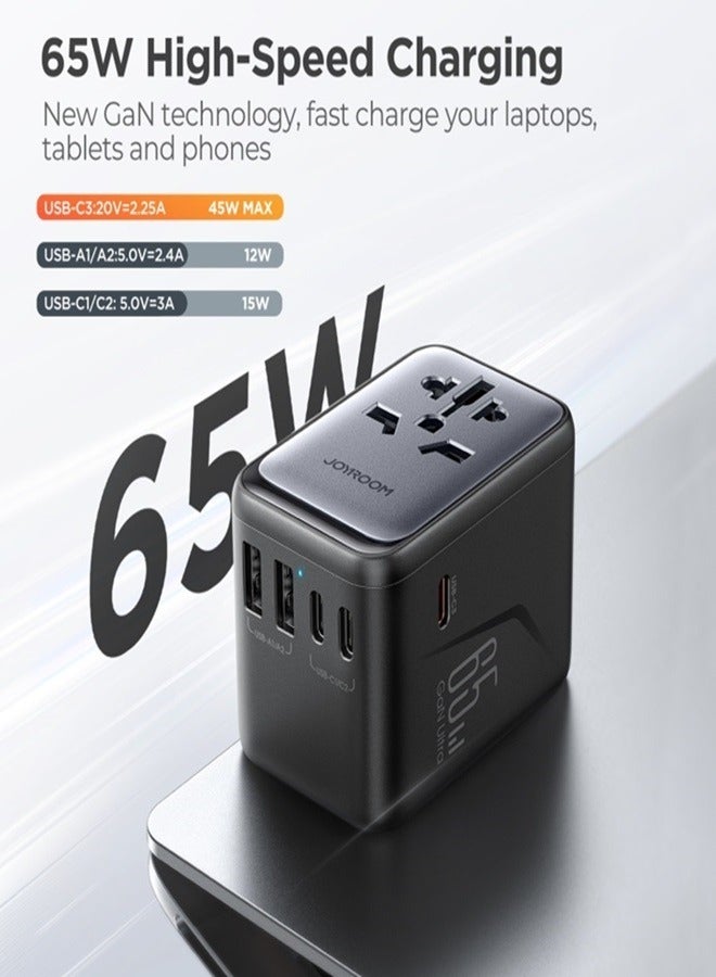 JOYROOM - 65W Universal Travel Adapter International Plug Adapter With 2 USB 2 Type C Fast Charging All In One Worldwide Wall Charger UK US AUS EU Black - Image 1