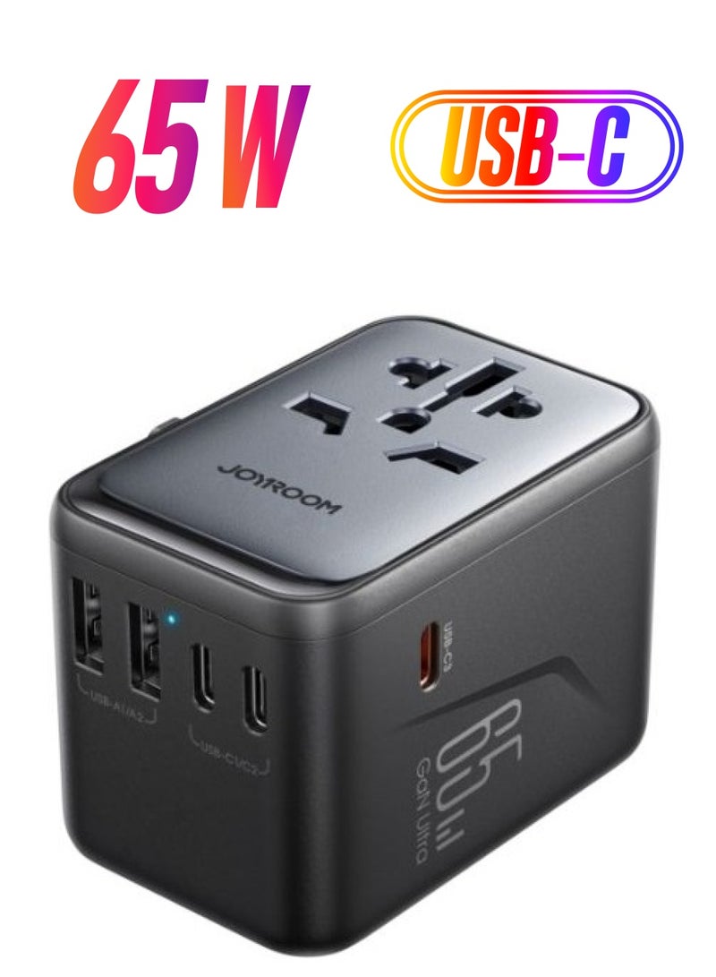JOYROOM - 65W Universal Travel Adapter International Plug Adapter With 2 USB 2 Type C Fast Charging All In One Worldwide Wall Charger UK US AUS EU Black - Image 1