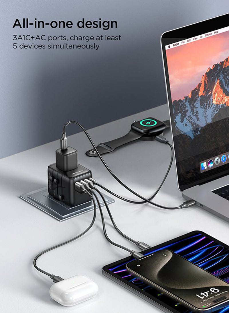 17W Universal Travel Adapter With Fast Charging Usb-C | 4-Port Charger (1 Usb-C + 3 Usb-A) For Uk, Us, Eu, Aus, Asia & 200+ Countries – Mini Size, Dual Fuse Safety | Charge Safely Anywhere Black