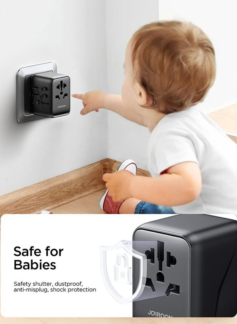 17W Universal Travel Adapter With Fast Charging Usb-C | 4-Port Charger (1 Usb-C + 3 Usb-A) For Uk, Us, Eu, Aus, Asia & 200+ Countries – Mini Size, Dual Fuse Safety | Charge Safely Anywhere Black