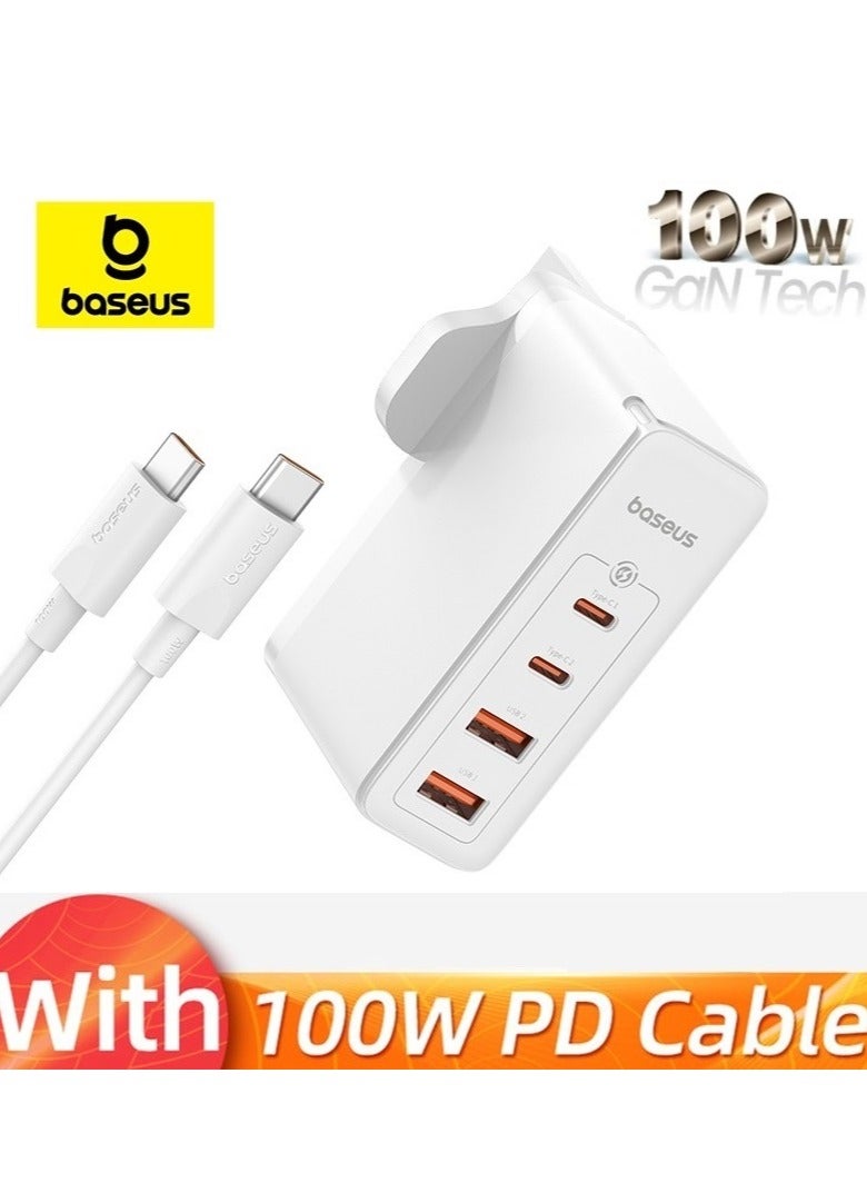 Baseus - USB C Charger, 100W Wall Charger PD 3.0/QC 4.0 With 3.3ft USB C To C Cable, 4-Port GaN5 Charger For Laptops, iPad Pro, iPhone 15/Pro/14/13 Series, Galaxy S24/S23, MacBook Pro 16'', Steam Deck White - Image 1