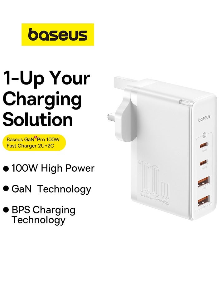 Baseus - USB C Charger, 100W Wall Charger PD 3.0/QC 4.0 With 3.3ft USB C To C Cable, 4-Port GaN5 Charger For Laptops, iPad Pro, iPhone 15/Pro/14/13 Series, Galaxy S24/S23, MacBook Pro 16'', Steam Deck White - Image 1