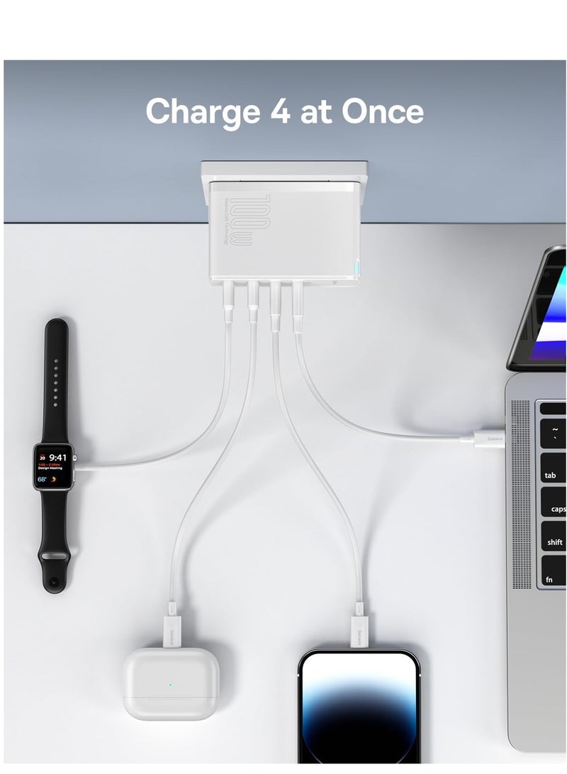 Baseus - USB C Charger, 100W Wall Charger PD 3.0/QC 4.0 With 3.3ft USB C To C Cable, 4-Port GaN5 Charger For Laptops, iPad Pro, iPhone 15/Pro/14/13 Series, Galaxy S24/S23, MacBook Pro 16'', Steam Deck White - Image 1
