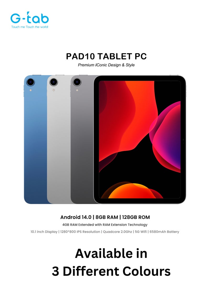 جي تاب - PAD 10 Tablet 10.1 بوصة IPS عرض 800x1280 دقة Android 14 رباعي النواة 2.0 جيجا هرتز 6580 مللي أمبير 5G واي فاي 4 جيجا رام قابلة للتوسيع حتى 4 جيجا بايت 128 جيجا بايت روم 5 ميجا بيكسل أمامي + 8 ميجا بيكسل كاميرا خلفية قلم لمس بالداخل - Image 1