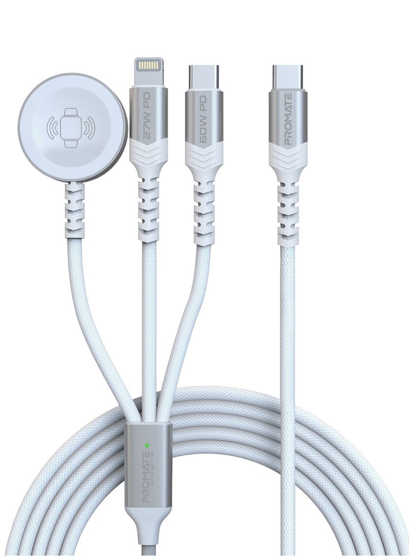 PROMATE - 5-In-1 Multiple Charging Cable With Ultra-Fast 60W USB-C To USB-C 27W Lightning Connector And Apple Watch Charger 480Mbps Data Transfer Durable Fabric Braided White - Image 1