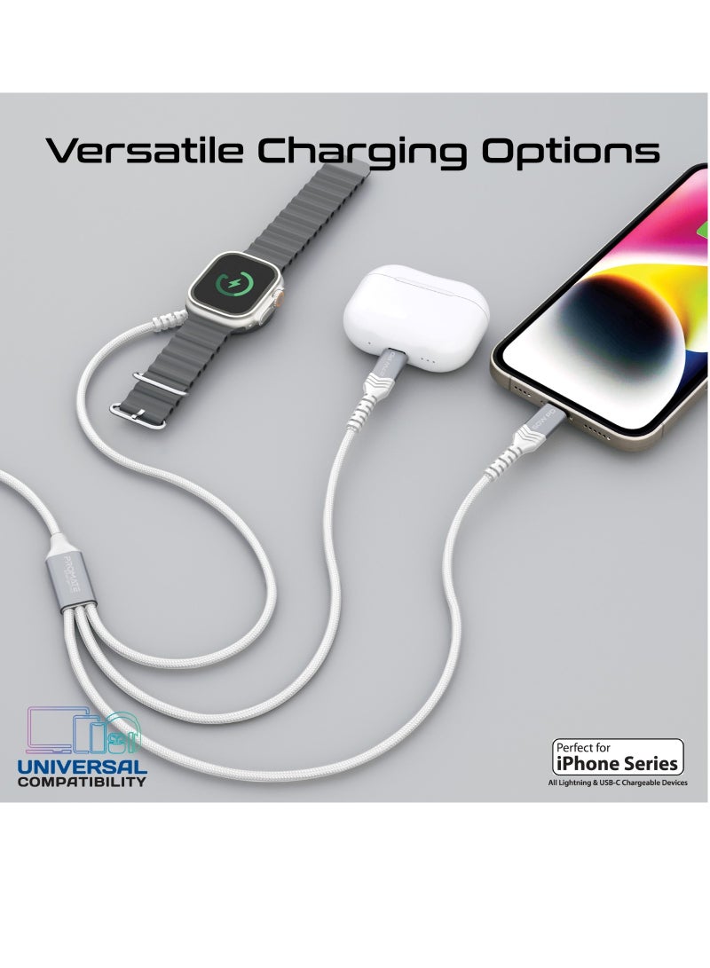PROMATE - 5-In-1 Multiple Charging Cable With Ultra-Fast 60W USB-C To USB-C 27W Lightning Connector And Apple Watch Charger 480Mbps Data Transfer Durable Fabric Braided White - Image 1