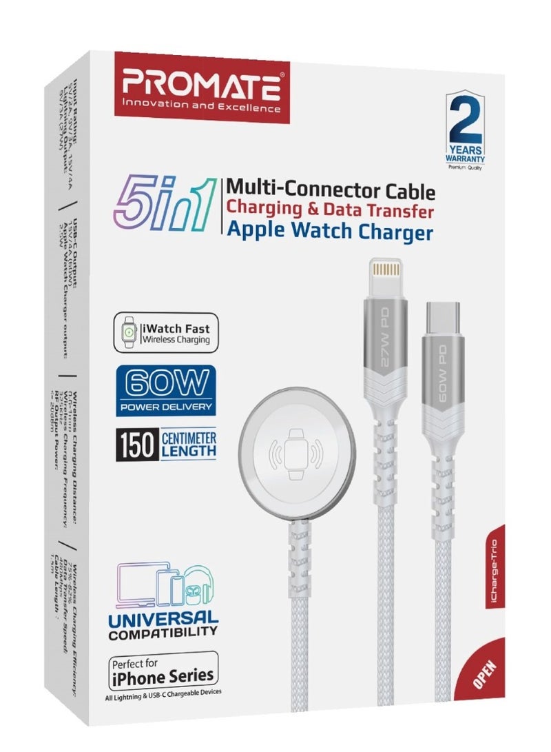 PROMATE - 5-In-1 Multiple Charging Cable With Ultra-Fast 60W USB-C To USB-C 27W Lightning Connector And Apple Watch Charger 480Mbps Data Transfer Durable Fabric Braided White - Image 1