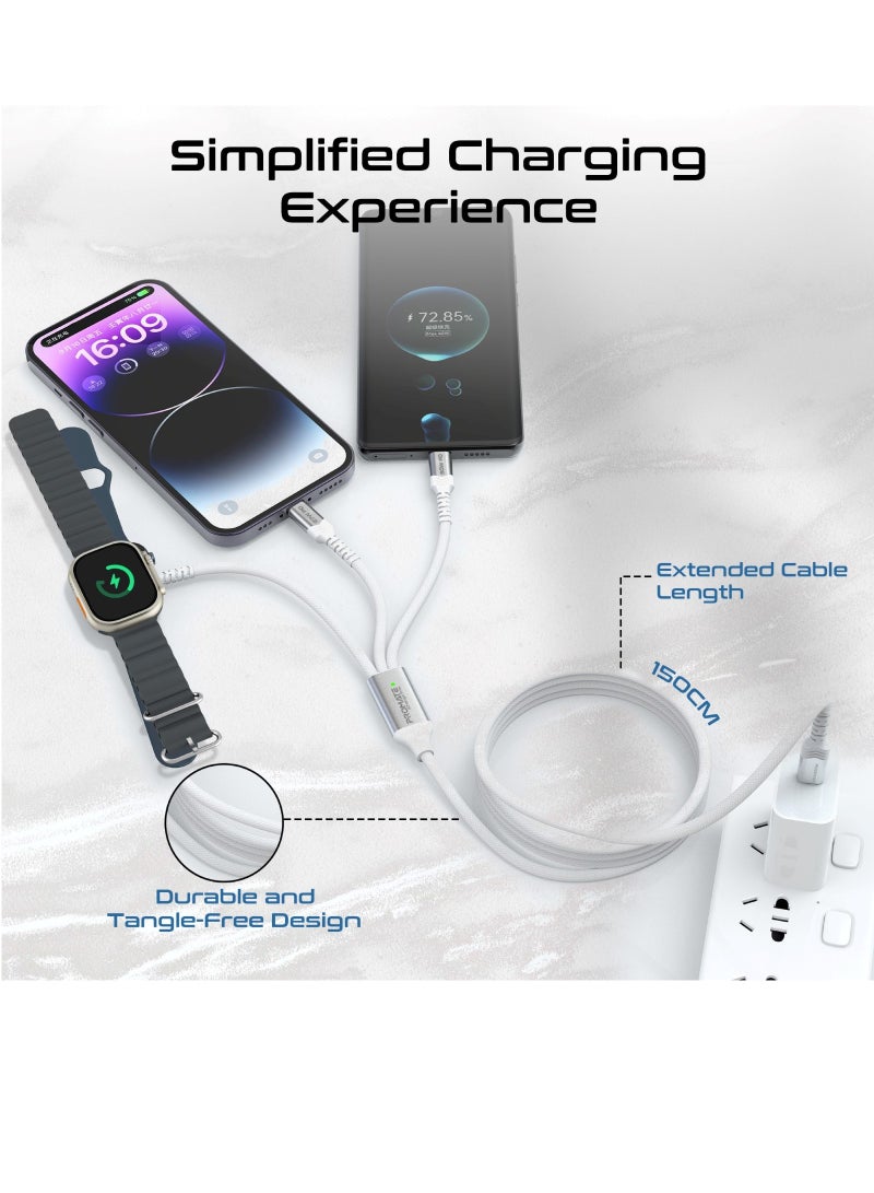 PROMATE - 5-In-1 Multiple Charging Cable With Ultra-Fast 60W USB-C To USB-C 27W Lightning Connector And Apple Watch Charger 480Mbps Data Transfer Durable Fabric Braided White - Image 1