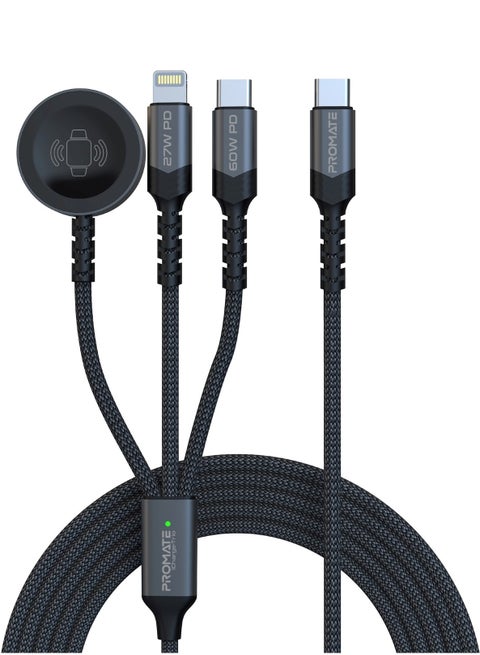 5-In-1 Multiple Charging Cable With Ultra-Fast 60W USB-C To USB-C 27W Lightning Connector And Apple Watch Charger 480Mbps Data Transfer Durable Fabric Braided Black