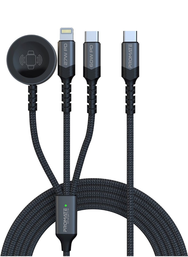 PROMATE - 5-In-1 Multiple Charging Cable With Ultra-Fast 60W USB-C To USB-C 27W Lightning Connector And Apple Watch Charger 480Mbps Data Transfer Durable Fabric Braided Black - Image 1