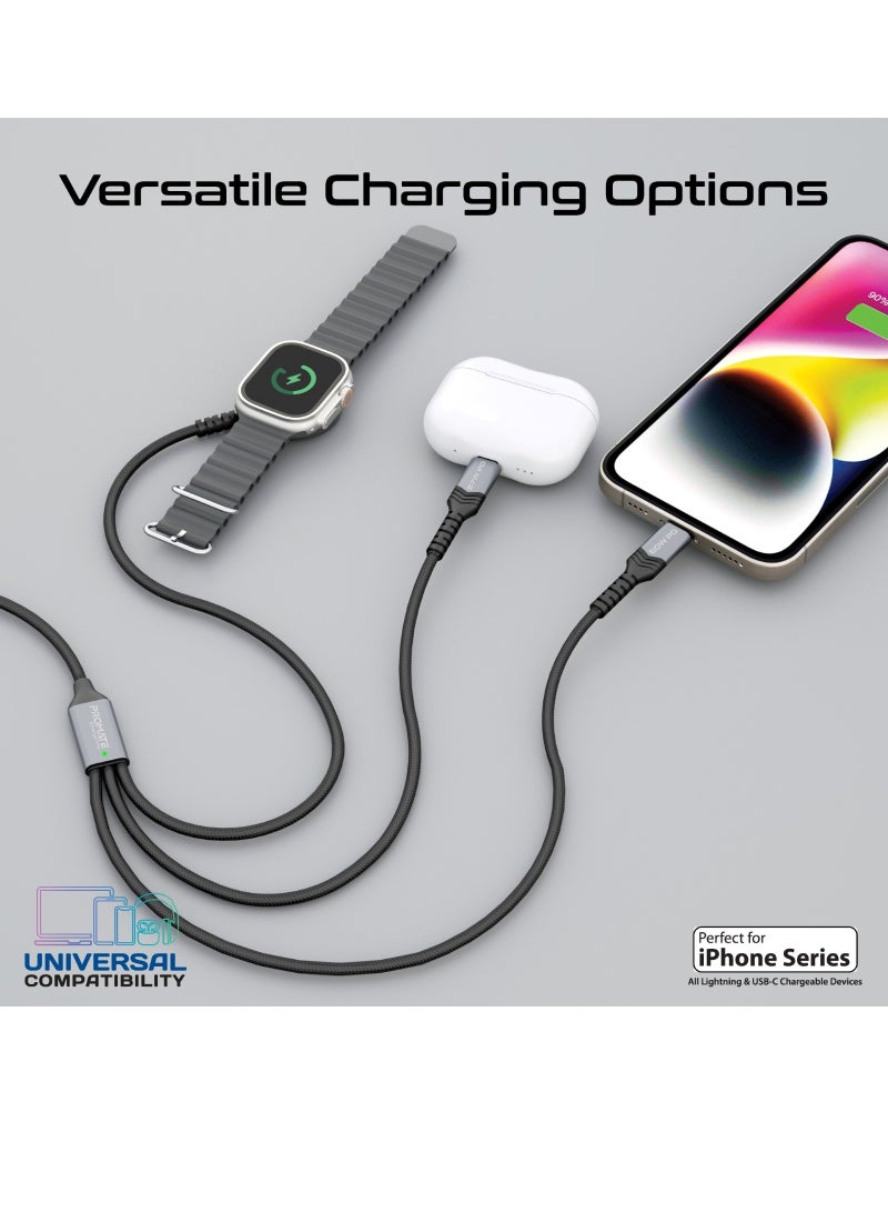 PROMATE - 5-In-1 Multiple Charging Cable With Ultra-Fast 60W USB-C To USB-C 27W Lightning Connector And Apple Watch Charger 480Mbps Data Transfer Durable Fabric Braided Black - Image 1