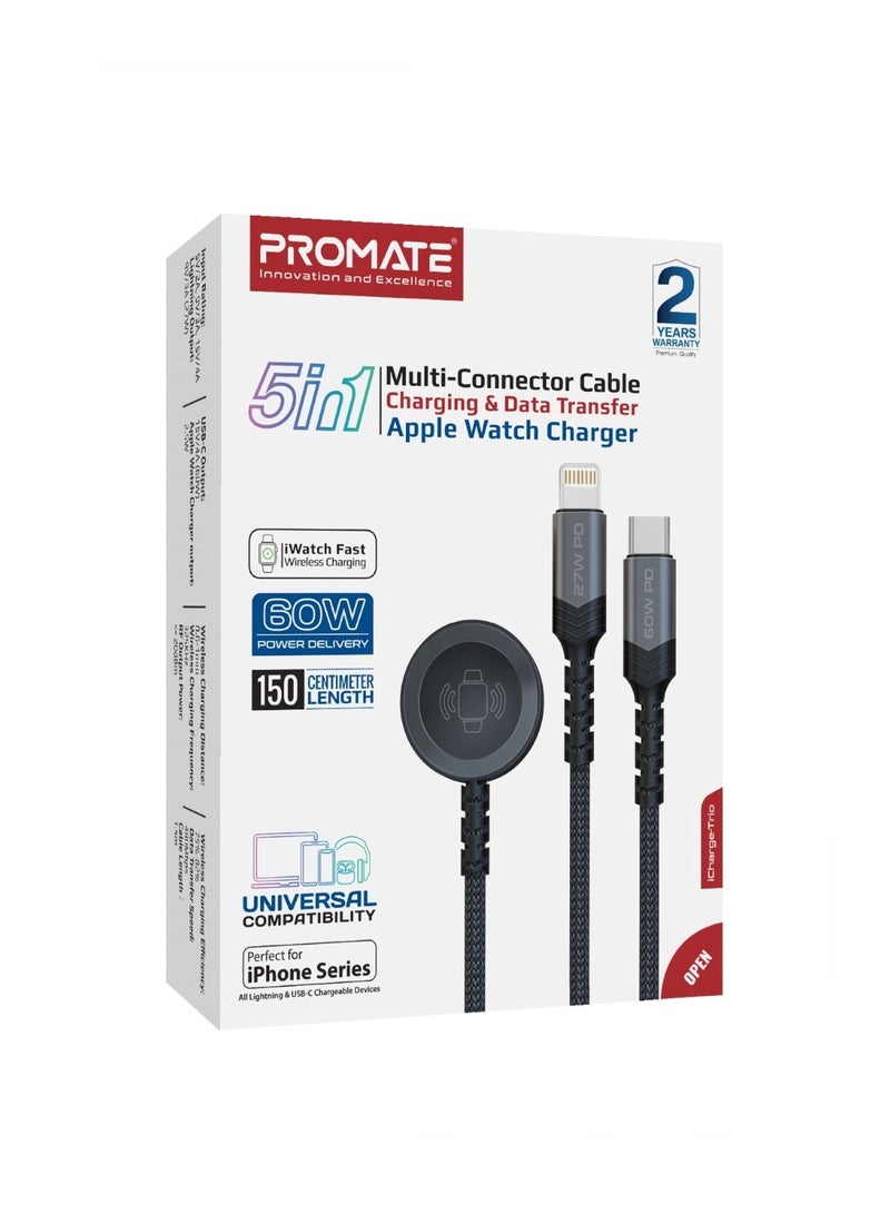 PROMATE - 5-In-1 Multiple Charging Cable With Ultra-Fast 60W USB-C To USB-C 27W Lightning Connector And Apple Watch Charger 480Mbps Data Transfer Durable Fabric Braided Black - Image 1