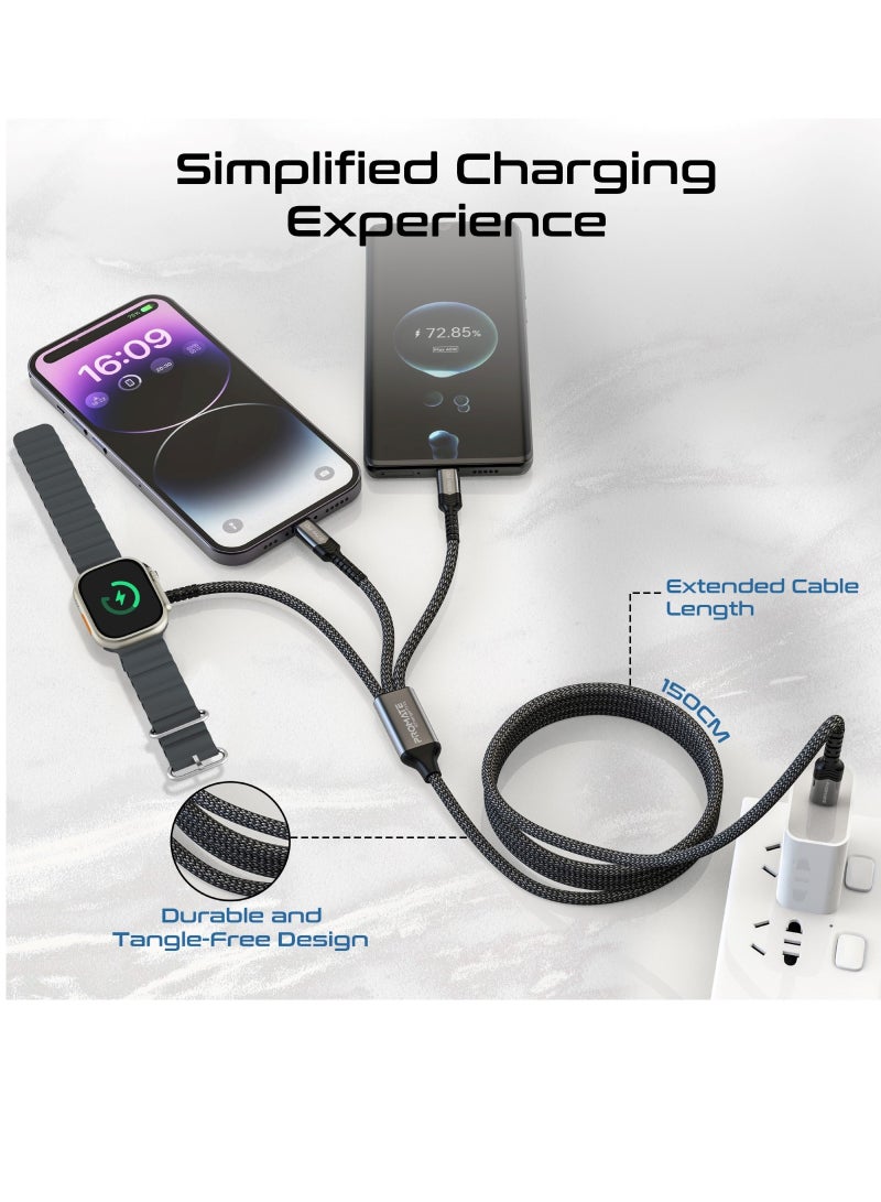 PROMATE - 5-In-1 Multiple Charging Cable With Ultra-Fast 60W USB-C To USB-C 27W Lightning Connector And Apple Watch Charger 480Mbps Data Transfer Durable Fabric Braided Black - Image 1