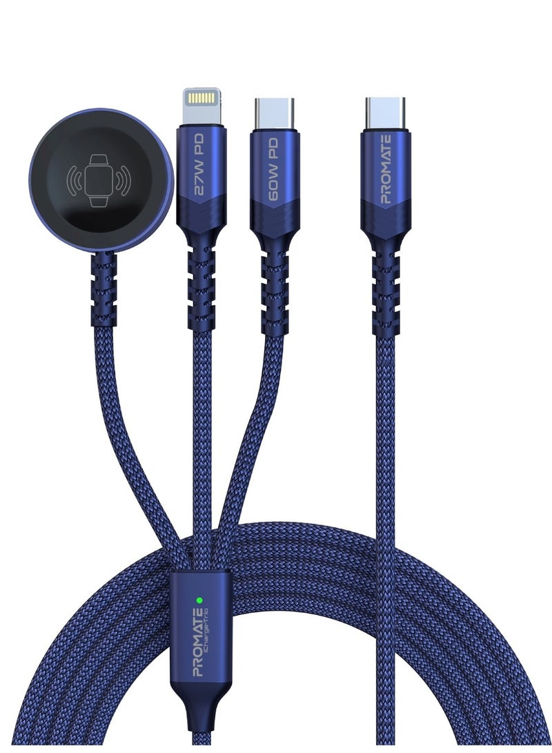 PROMATE - 5-In-1 Multiple Charging Cable With Ultra-Fast 60W USB-C To USB-C 27W Lightning Connector And Apple Watch Charger 480Mbps Data Transfer Durable Fabric Braided Blue - Image 1