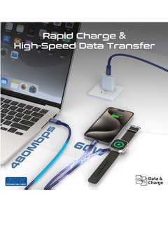 PROMATE 5-In-1 Multiple Charging Cable With Ultra-Fast 60W USB-C To USB-C 27W Lightning Connector And Apple Watch Charger 480Mbps Data Transfer Durable Fabric Braided Blue  - Image 3