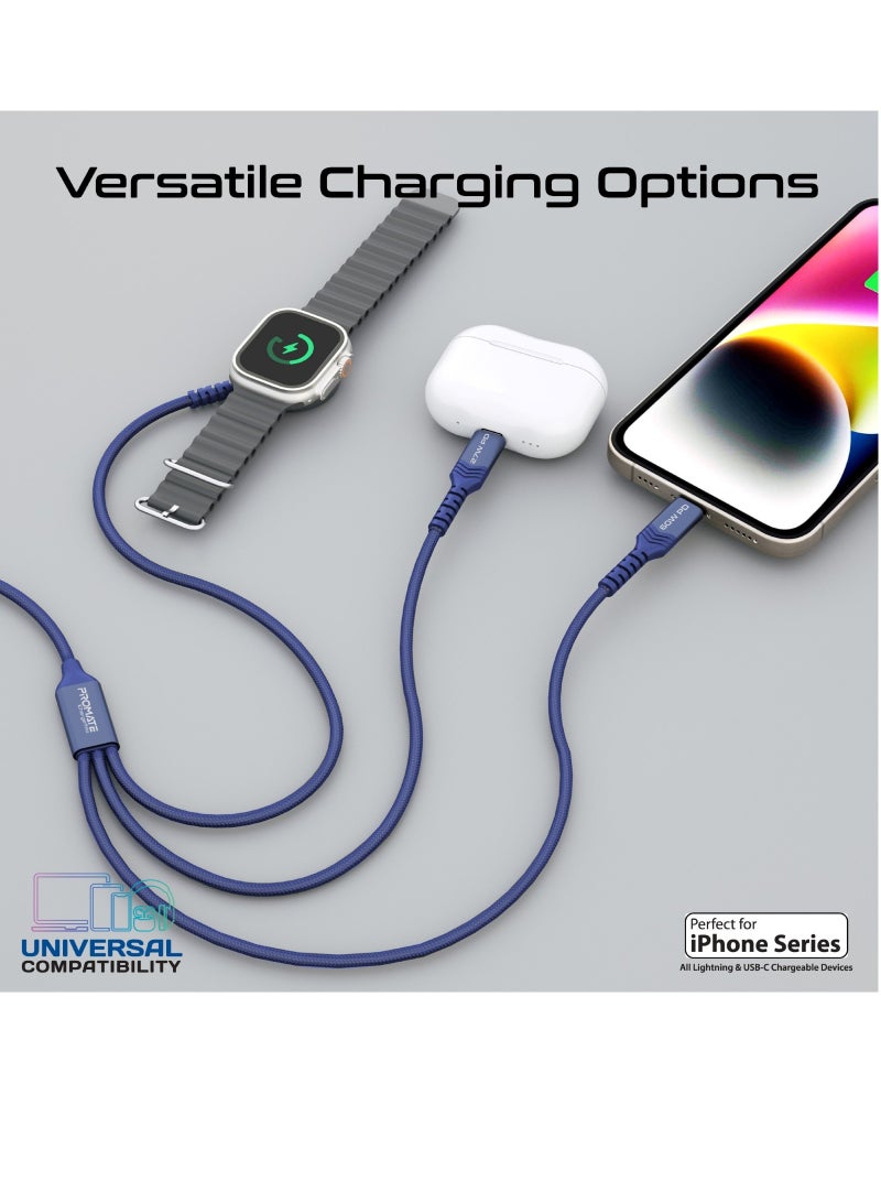 PROMATE - 5-In-1 Multiple Charging Cable With Ultra-Fast 60W USB-C To USB-C 27W Lightning Connector And Apple Watch Charger 480Mbps Data Transfer Durable Fabric Braided Blue - Image 1