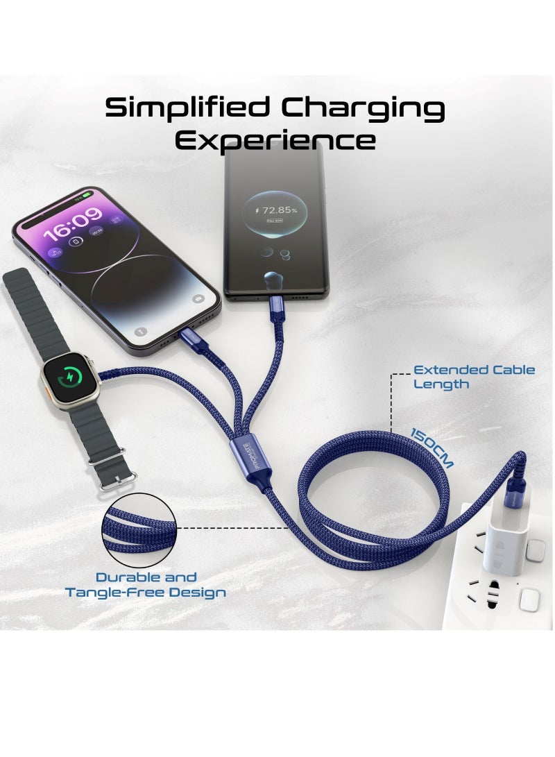 PROMATE - 5-In-1 Multiple Charging Cable With Ultra-Fast 60W USB-C To USB-C 27W Lightning Connector And Apple Watch Charger 480Mbps Data Transfer Durable Fabric Braided Blue - Image 1