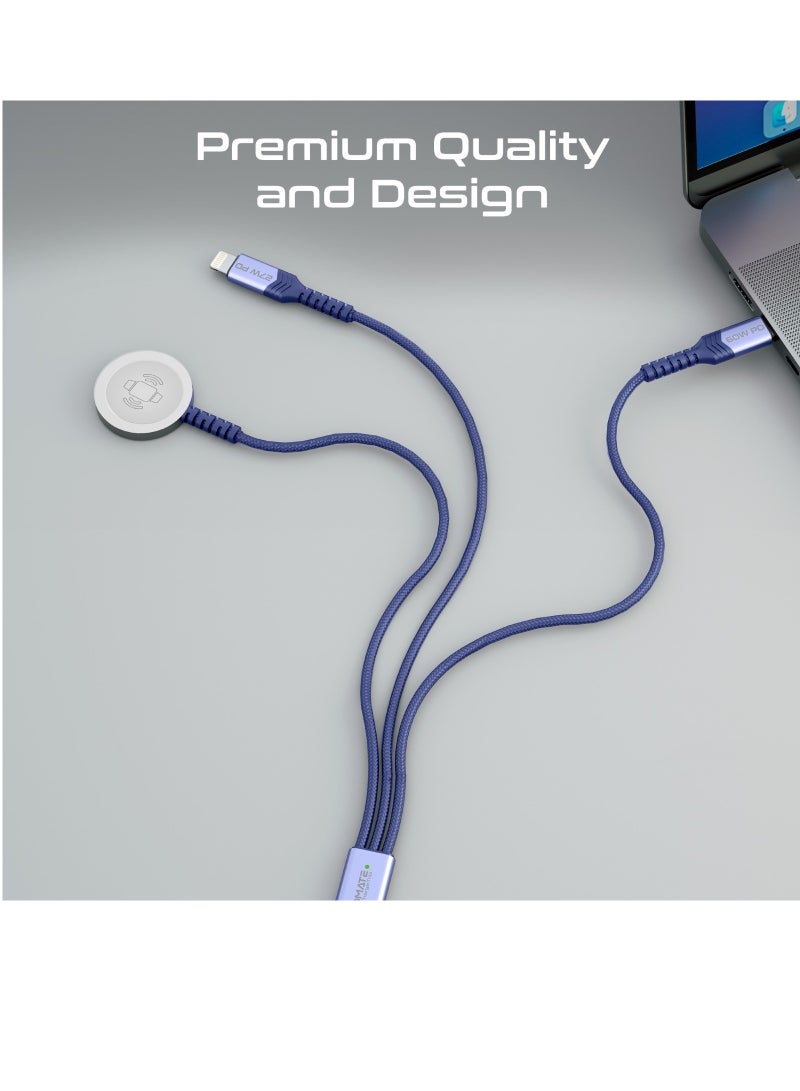 PROMATE - 5-In-1 Multiple Charging Cable With Ultra-Fast 60W USB-C To USB-C 27W Lightning Connector And Apple Watch Charger 480Mbps Data Transfer Durable Fabric Braided Blue - Image 1