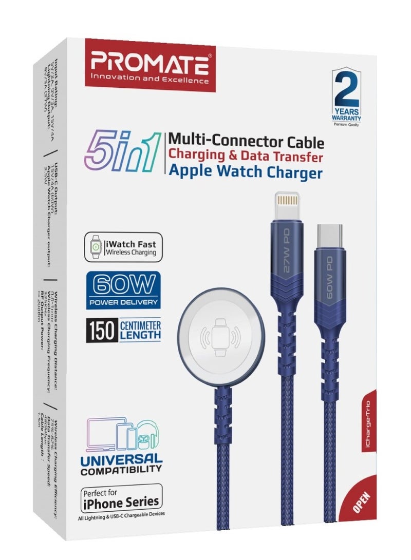 PROMATE - 5-In-1 Multiple Charging Cable With Ultra-Fast 60W USB-C To USB-C 27W Lightning Connector And Apple Watch Charger 480Mbps Data Transfer Durable Fabric Braided Blue - Image 1