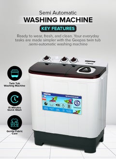 GEEPAS TwinTub Semi-Automatic 9 Kg Washing Machine |  Top Load Semi Automatic Washing Machine Quick Turbo Wash |Transparent Top Lid | 9 kg 360 W GSWM18042 White/Grey/Meroon  - Image 2