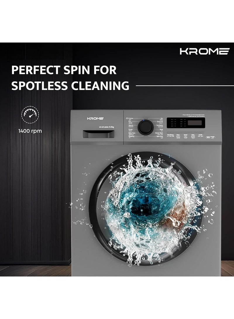 Krome - 8KG Front Load Washing Machine, BLDC Inverter Motor, 1400 RPM, 15 Programs, Fully Automatic With Lunar Dial, 5 Star Energy Rating, LED Display, Multiple Temperature 1 Year Warranty 8 kg KR-WFL80SSI Titanium - Image 1