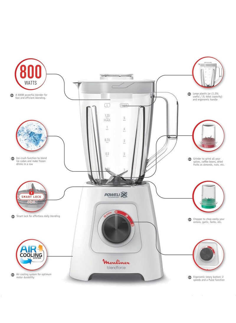Moulinex Blendforce Blender, 800 Watt, 2 Liter, Grinder and Grater - 2 L 800 W LM4231EG White  - Image 3