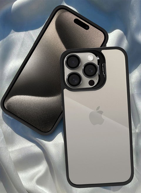 iPhone 15 Pro Case Cover And Lens Protector Built-In Camera Stand And Compatible With Magsafe Full Body Shockproof Case Clear Black