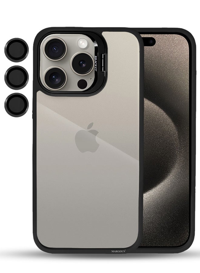 MARGOUN - iPhone 15 Pro Case Cover And Lens Protector Built-In Camera Stand And Compatible With Magsafe Full Body Shockproof Case Clear Black - Image 1