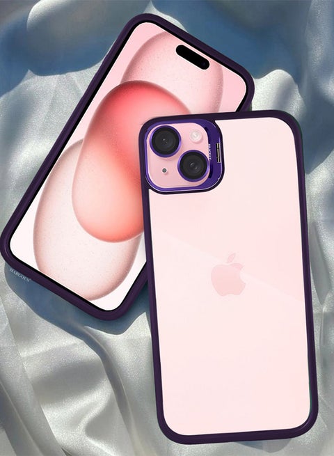 iPhone 15 Plus Case Cover And Lens Protector Built-in Camera Stand And Compatible With Magsafe Full Body Shockproof Case Clear Purple